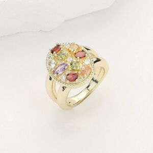 MultiColored Oval CZ Stone Size 6 Paved Gold Crystal Ring Statement Jewelry